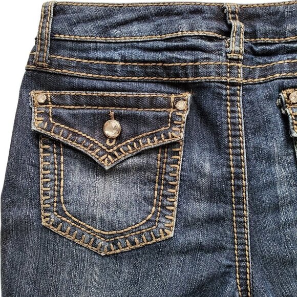 Earl Jeans Straight Leg Embellished Thick Stitching Crystal Button Flap Pocket 4 - Picture 8 of 16